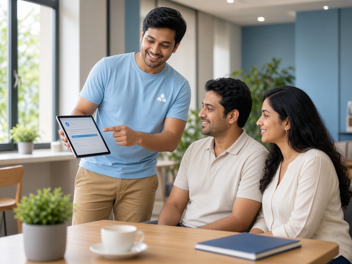 Agent explaining a policy on tablet